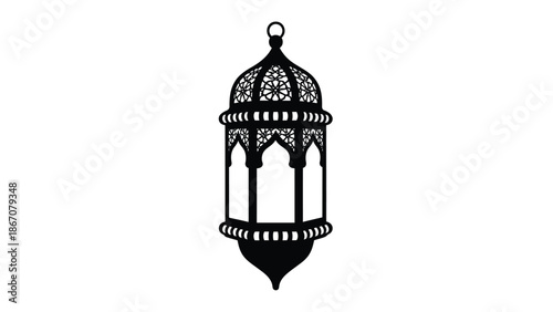 Black of an ornate hanging lantern with intricate design white with icon and graphic and illustration and lampshade Silhouette vector on whit Background