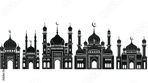 of multiple mosque buildings with domes and minarets white white with islamic architecture and illustration Silhouette vector on whit Background