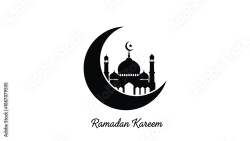 Black of mosque with crescent moon and star white with ramadan kareem text with Islamic and Faith and Worship Silhouette vector on whit Background