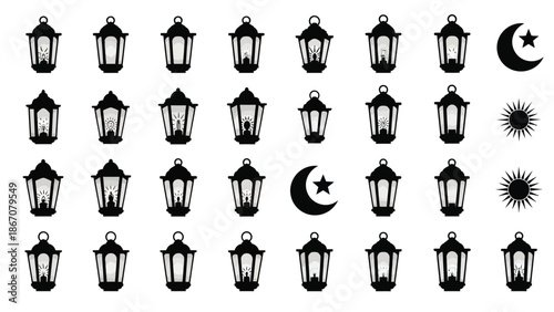 Black lanterns with moon star and sun white white with illustration and icon and graphic and ramadan and symbol Silhouette vector on whit Background