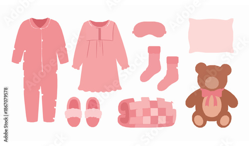 Pajama party elements for girls cute pink nightwear vector set