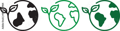 Eco Earth Icons with Leaf Motifs. Sustainable Globe Vector Set for Environmental Awareness, Green Initiatives, and Earth Day Campaigns