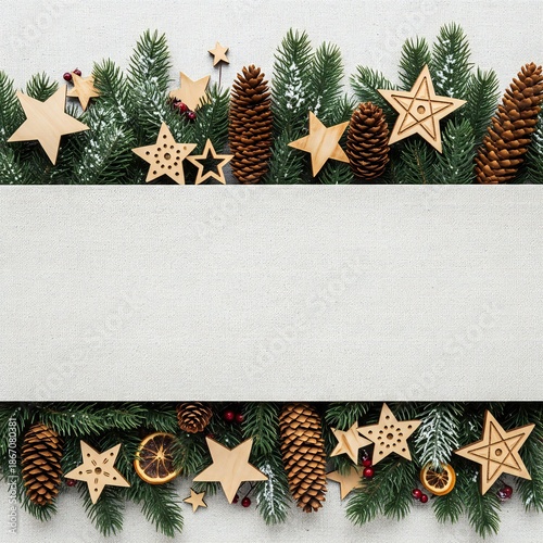 A festive Christmas garland with pinecones and wooden stars on a white background