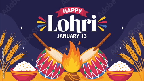 happy lohri festival celebration illustration with bonfire dhol sugarcane and traditional elements on dark background