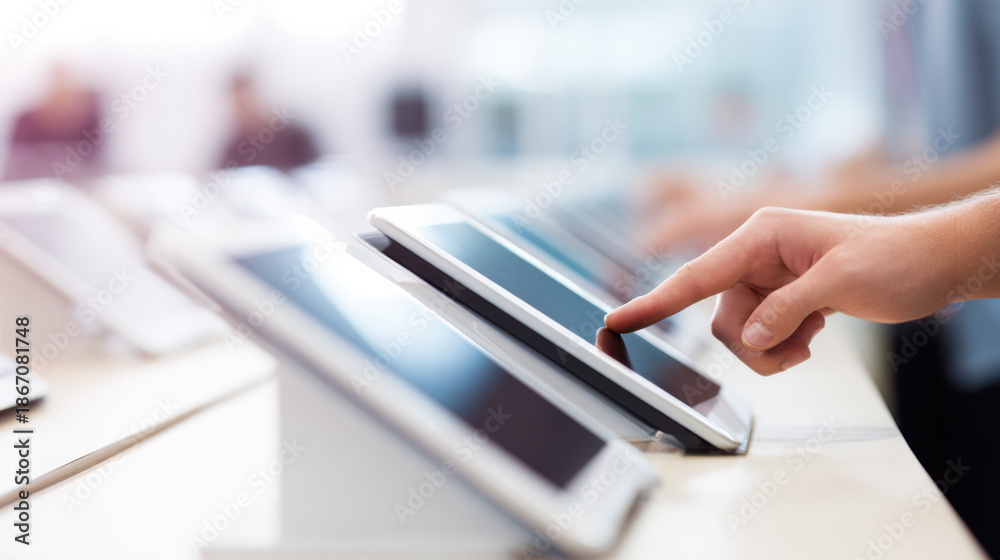 Fototapeta premium Hands organizing digital tablets in charging dock with blurred background in classroom setting