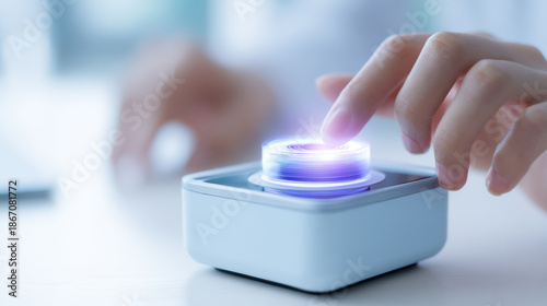 Futuristic technology concept with hand interacting on glowing digital interface device on white table