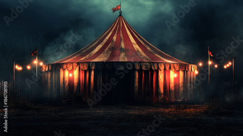  creepy circus tent at night, with lights on and a dark background