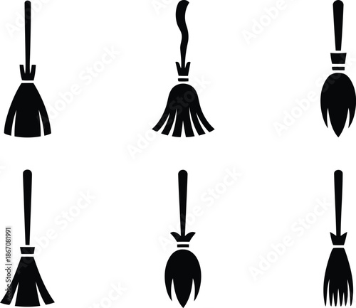 A clear presentation of six distinct black silhouette broom icons with varying brush and handle designs