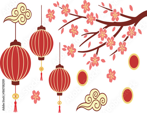 Chinese Red Lanterns with Plum Blossom Branch and Lucky Coins, Lunar New Year Vector Illustration
