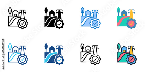 Rural infrastructure icons set multiple style collection. Editable stroke 
