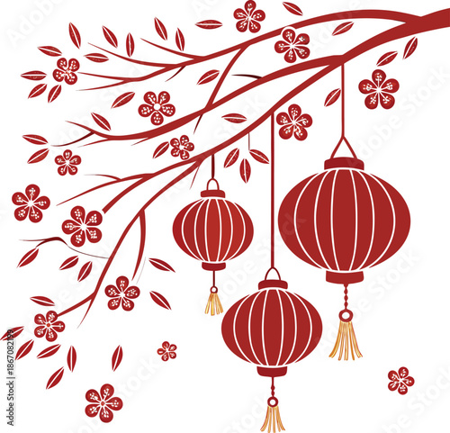 Chinese Red Lanterns Hanging on Blossom Tree Branch, Lunar New Year Festival Vector Illustration