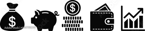 A collection of black financial icons representing savings, currency, and economic growth concepts