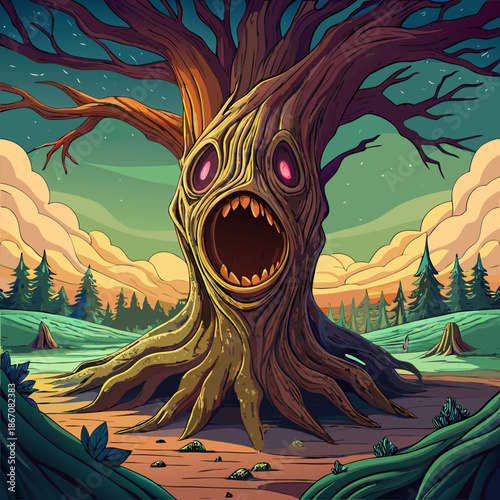 A haunting tree with a screaming face emerges from a magical forest landscape