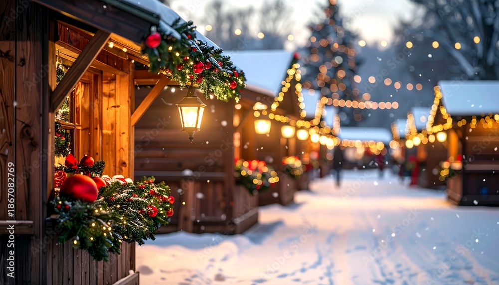 Obraz premium Classic Christmas Market Atmosphere with Evergreen Branches, Ornaments, and Soft Bokeh Lights