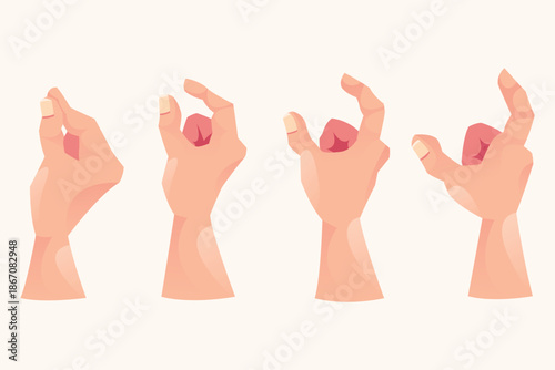 Four illustrated hands showing finger snap gesture sequence with expressive motion and anatomical clarity.