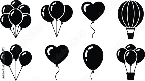 A collection of various black silhouette balloons including heart shapes and a hot air balloon