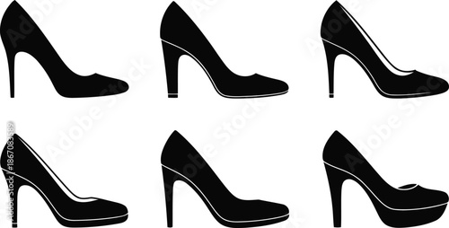 A collection of six stylish black high heeled pumps presents different design contours