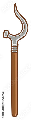 Cartoon style illustration of a pike pole tool with a wooden handle and sharp metal hook