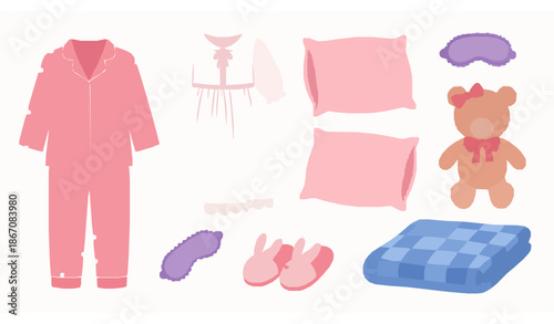 Cute pink pajama party illustration for girls sleepwear vector set