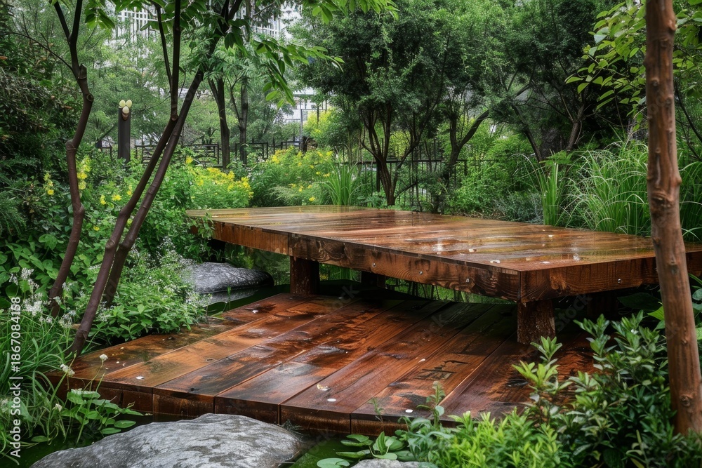 Fototapeta premium Wet wooden bridge in peaceful garden setting, surrounded by lush greenery and rocks, creating a tranquil atmosphere after the rain