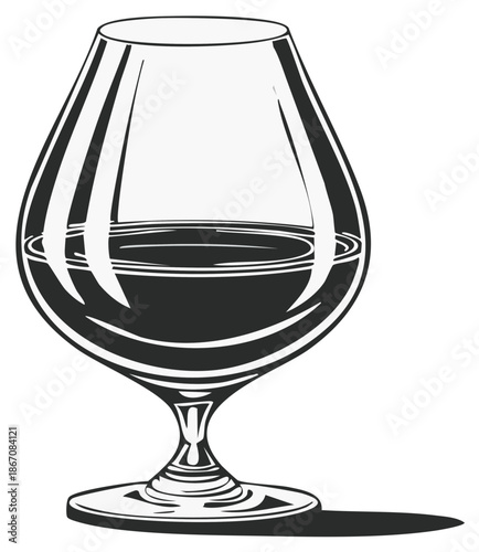 Monochrome illustration of a cognac snifter glass with a dark liquid beverage