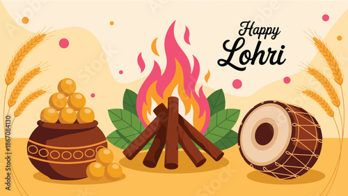 happy lohri festival illustration with bonfire dhol traditional sweets and harvest elements indian punjabi winter celebration design
