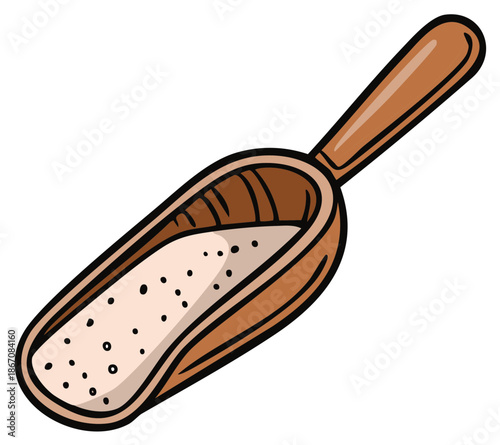 Illustrated wooden kitchen scoop filled with white granular powder for baking or cooking