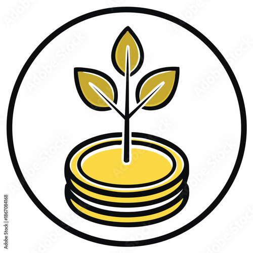 Golden Coins Stacked With Growing Plant Represents Financial Growth and Investment