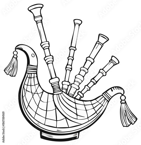 Outlined bagpipes illustration for coloring pages or printable designs, traditional instrument with air bag and pipes.