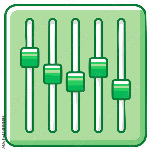 Cartoon icon of a green audio equalizer or mixing console with adjustment sliders for sound settings