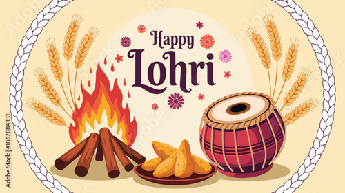 happy lohri festival illustration with bonfire dhol and traditional sweets indian punjabi harvest celebration design isolated on light background