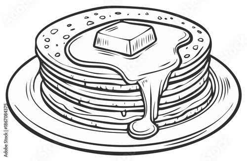 Classic stack of pancakes with butter and dripping syrup in a hand drawn line art style.