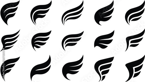 A diverse assortment of black stylized wing icons showcasing various shapes on a plain white backdrop