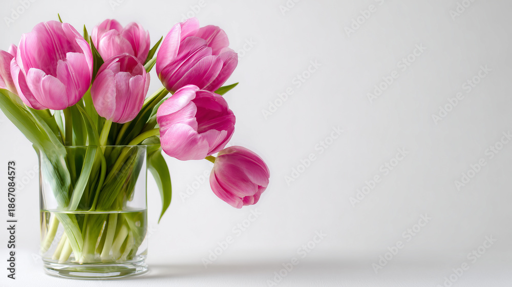 Fototapeta premium Bouquet of fresh pink tulips arranged in a clear glass vase on a white surface, vibrant spring flowers with copy space for mother's day greetings and home interior decoration