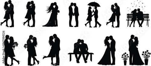 Romantic couple silhouette mega collection with kissing, hugging, walking and proposal scenes expressing love, Valentine romance and relationship moments