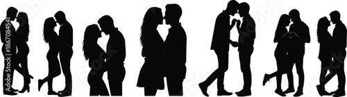 Romantic couples silhouette collection showing affectionate poses, intimacy and connection, ideal for love themes, relationships, Valentine’s Day designs