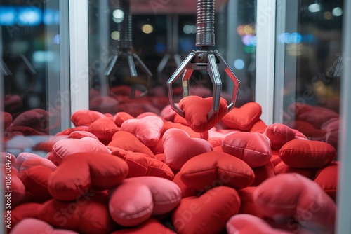 Classic arcade claw machine filled with plush red hearts, symbolizing love, chance, and trying to win a prize for valentine's day