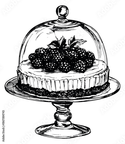 Hand drawn line art illustration of a blackberry tart on a cake stand depicting a delicious fresh dessert for a sweet shop