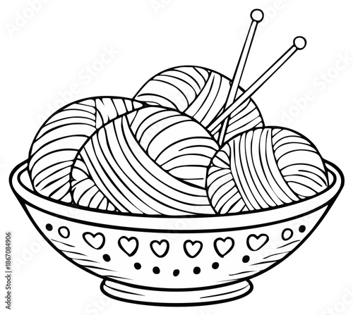 Hand Drawn Doodle of Crafting Yarn Balls with Knitting Needles in a Heart Decorated Bowl