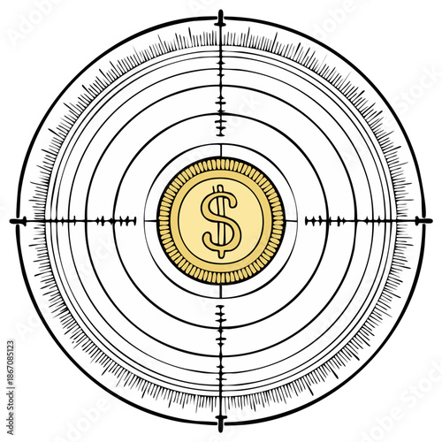 Golden Dollar Coin in Crosshairs Bullseye Financial Success Business Target Illustration