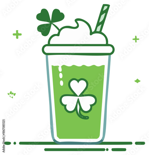 Cute cartoon illustration of a festive green shamrock shake for St Patricks Day holiday