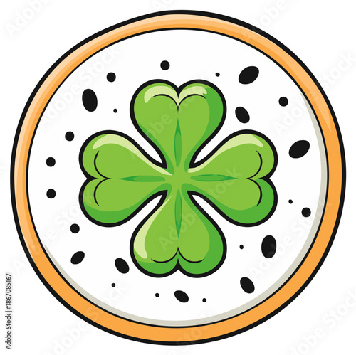 Green four leaf clover inside golden coin emblem, symbol of Irish good luck and St Patrick's Day celebration with doodle vector design