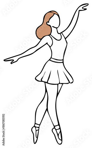 Elegant ballerina in dancing position sketch, classical ballet performance outline, dancer wearing tutu dress and ballet shoes, graceful artistic movement