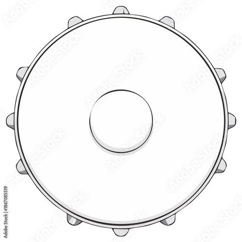 Simple cartoon drawing of a snare drum from above with a center circle and tension rods around the rim