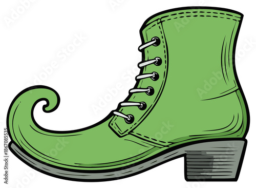 Whimsical green pointed boot with white laces magical fantasy shoe festive design