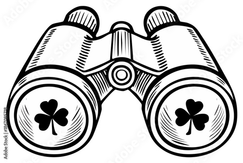 Illustrated black and white binoculars with lucky shamrock symbols for exploration and discovery.