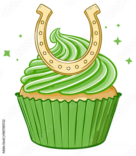 Festive green cupcake with golden horseshoe and whimsical sparkles illustration
