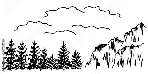 A hand-drawn vector drawing with a black outline. Wild northern nature, landscape, rocky mountains, coniferous trees, clouds in the sky. Sketch in ink.