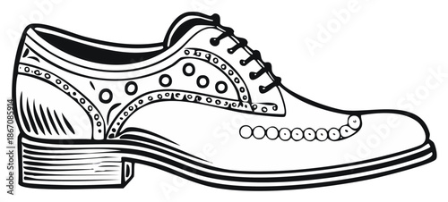 Classic black and white brogue dress shoe vector illustration with laces and elegant detailing