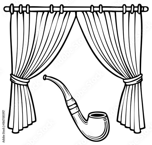 Vintage smoking pipe and elegant stage curtains line art drawing